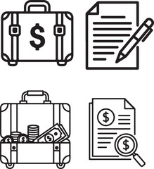 Financial Planning Icons: Suitcase, Document, Analysis in Black and White