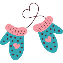 Cute Teal Mittens With Pink Cuffs And Hearts Adorned With Dark Polka Dots Connected By A String Forming A Heart Shape Isolated On Transparent Background