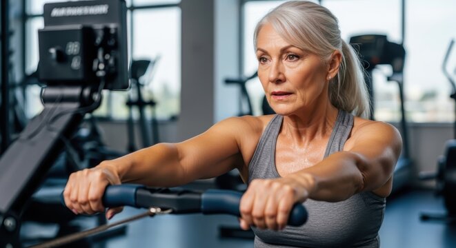 Focused senior woman exercising on rowing machine in gym for healthy lifestyle