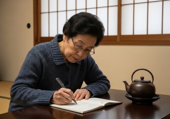Senior woman writing notes at table with teapot in traditional japanese room