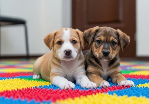 Adorable puppies relaxing on colorful rug in cozy home environment
