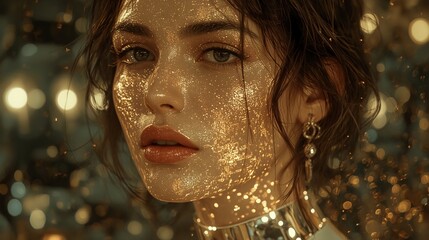 Stunning woman with sparkling gold makeup and elegant earrings radiating confidence and beauty perfect for cosmetics and high fashion promotions