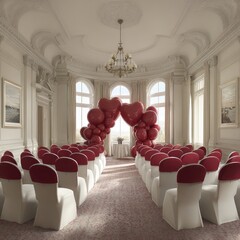Elegant room decorated with heart balloons and seated chairs awaits guests.