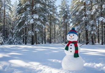Obraz premium Cheerful snowman in winter wonderland forest with snow-covered trees and sunshine