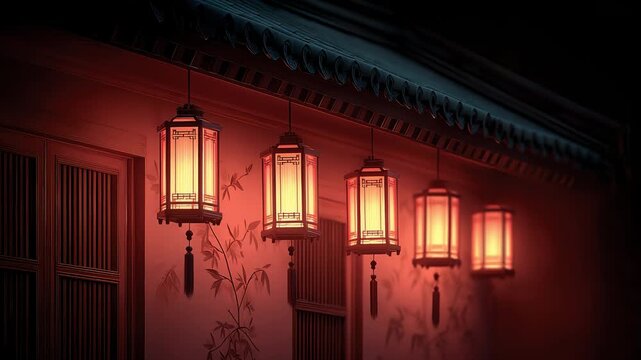 Night scene of lanterns under the eaves of Tang-style architecture