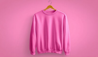 Pink sweatshirt hangs on a wooden hanger against a pastel pink background.