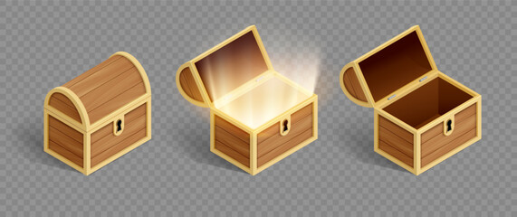 Open and closed three dimensional treasure chest with glowing inside. Template isolated on a transparent background. Vector mockups. Isometric projection.