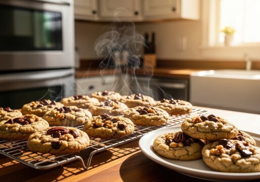 Freshly baked chocolate chip cookies with nuts cooling on a rack in sunlit kitchen - Powered by Adobe