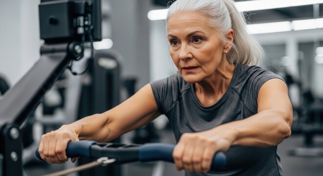 Determined senior woman exercising on rowing machine in modern gym