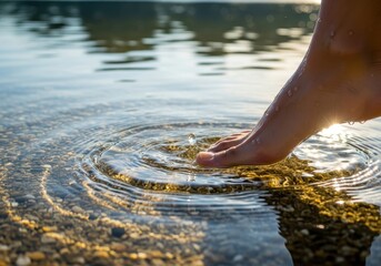 Fototapeta premium Serene foot and water ripples: tranquil moment in sunlit lake reflection