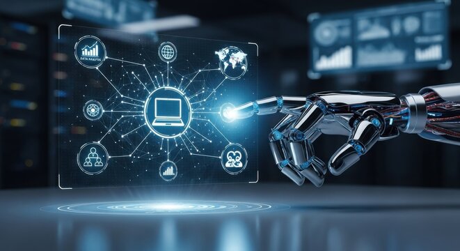 Robot hand interacting with futuristic holographic screen showing global network ai.