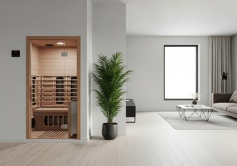 Modern minimalist living room with indoor sauna and elegant decor elements