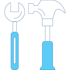 Minimalist illustration of a wrench and hammer in blue and cyan colors on a transparent background representing tools and repair
