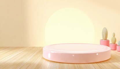 Pastel pink podium with potted succulents in warm sunlight.