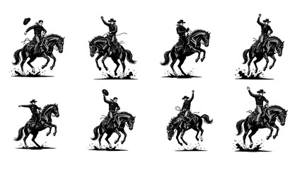 Naklejka premium Set of Black Silhouette Cowboys Riding Bucking Horses Rodeo Performance in Various Dynamic Poses Vector Illustrations