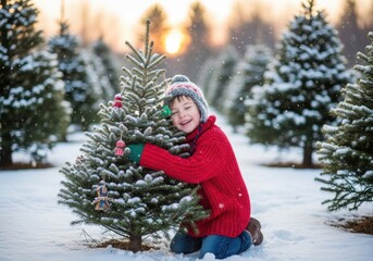 Joyful child embracing decorated christmas tree in snowy winter wonderland at sunset