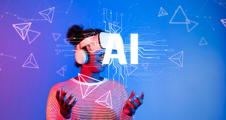 A woman wearing virtual reality goggles interacts with vibrant digital graphics, showcasing the blend of technology and artificial intelligence in a modern setting. XDMCP