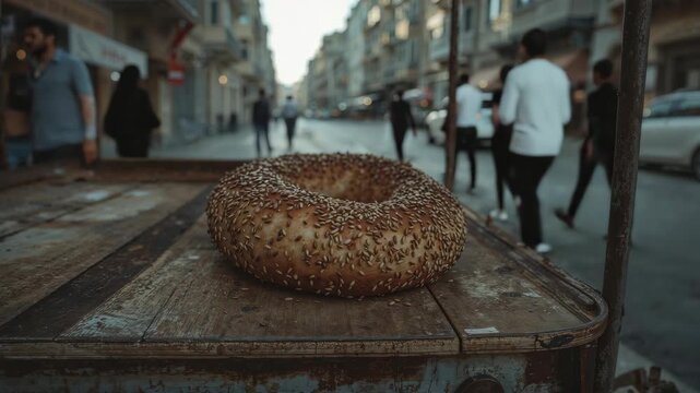 cinematic close up of a fresh Turkish Simit, a sesame covered bread ring, resting on a vendor's cart on a bustling, blurred city street