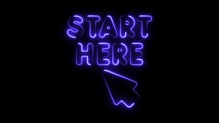 Neon blue start here text with cursor pointer animation glowing on black background for digital marketing and website - Powered by Adobe