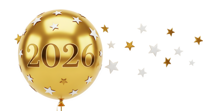 Golden balloon with the year 2026 and stars