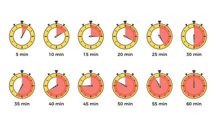Set of twelve stopwatch timer icons showing time progression from 5 to 60 minutes with colored indicator zones