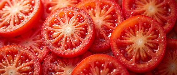Close-up of sliced ripe tomatoes with water drops.
