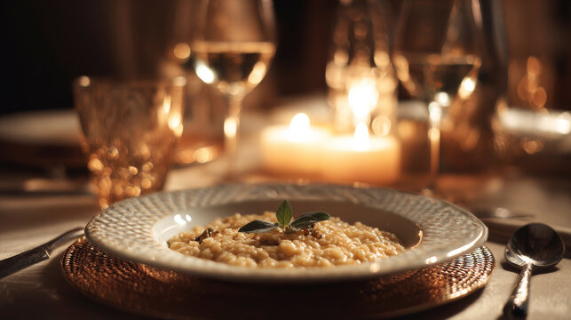 Truffle risotto served in a minimalist yet elegant presentation in fine dining restaurant. Generative AI image