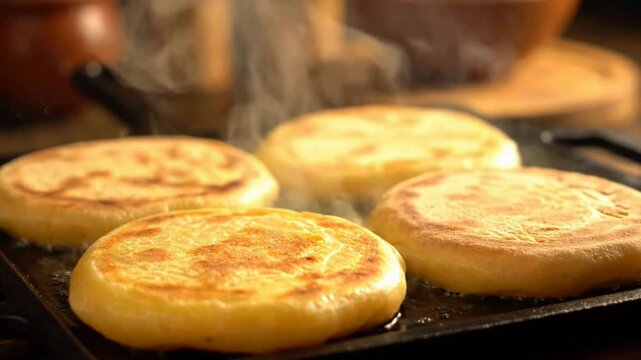 Steaming Hot Moroccan Flatbreads Sizzling on a Cast Iron Griddle