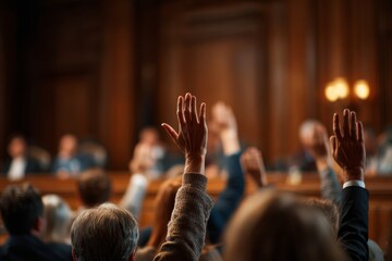 Local government council chamber. Hands of audience raised for questions or vote. council members with backs turned as they listen to speaker, documentary clarity. People at public talk.
