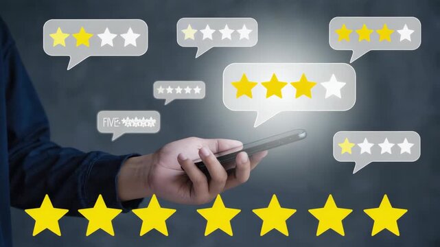 Hand holding smartphone with star ratings and review bubbles Keywords: review, rating, stars, feedback, customer, service, opinion, satisfaction, quality