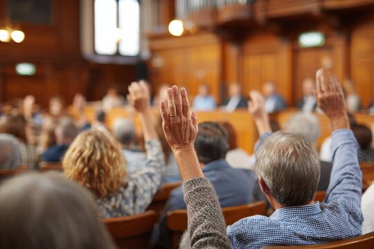 Local government council chamber. Hands of audience raised for questions or vote. council members with backs turned as they listen to speaker, documentary clarity. People at public talk.