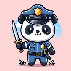 Cartoon Panda Police Officer Flat Vector Logo Design