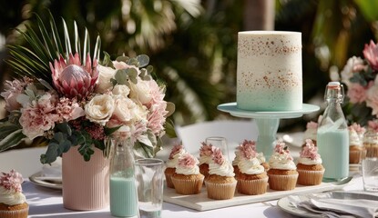 Sweet treats and floral arrangements grace an outdoor table setting.
