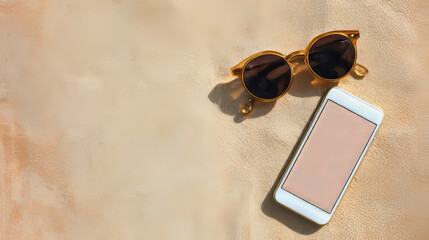 Flat lay of smartphone and sunglasses on sandy texture background, travel concept. Generative AI image