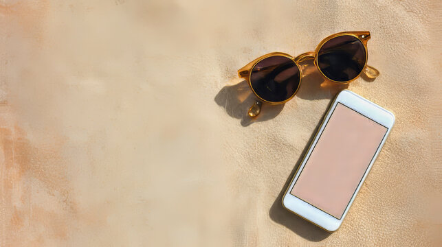 Flat lay of smartphone and sunglasses on sandy texture background, travel concept. Generative AI image