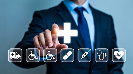 Businessman selecting digital health insurance icons