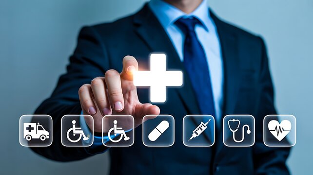 Businessman selecting digital health insurance icons
