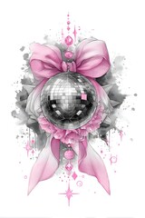 Stylish disco ball with pink bow and watercolor splashes, modern fashion illustration with glamour sparkle and festive holiday design