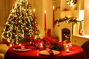 Stylish Christmas table setting with plates, festive decor and burning candles indoors