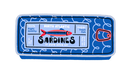 Sardines can in doodle retro style. Sealed metal packaging with preserved Mediterranean seafood. Canned sea food, fish conserved in olive oil. Flat vector illustration isolated on white background