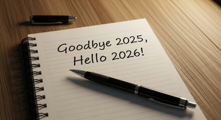 Goodbye 2025, hello 2026! message on a spiral notepad with a pen, wooden desk.
