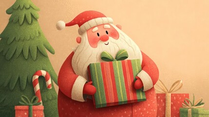 Whimsical 3d illustration of a cheerful santa claus holding a festive striped gift box surrounded by christmas trees and presents
