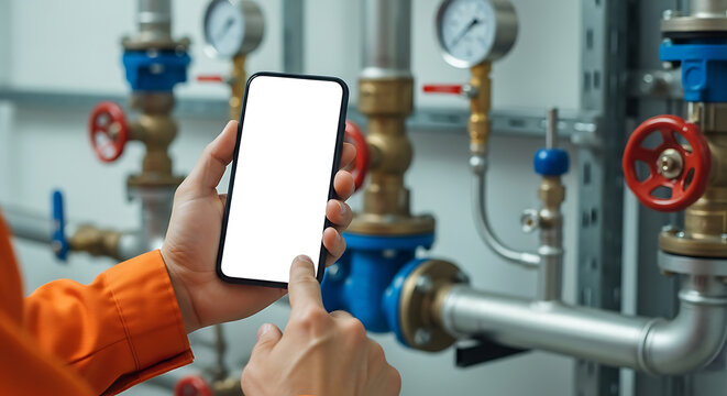 Technician uses a blank screen smartphone to inspect pressure gauges and industrial pipes. - Powered by Adobe