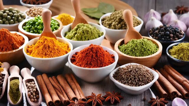Assortment of vibrant ground and whole spices displayed in bowls and scoops, featuring turmeric, paprika, cinnamon sticks, and cumin. Ideal for cooking and food preparation. Flavor concept.