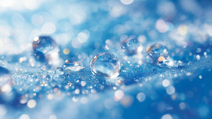Sparkling Blue Water Droplets with Crystal Bokeh and Bubbles