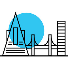 Modern Cityscape With Geometric Buildings and Bridge Against a Vibrant Blue Circle On Transparent Background Vector Art