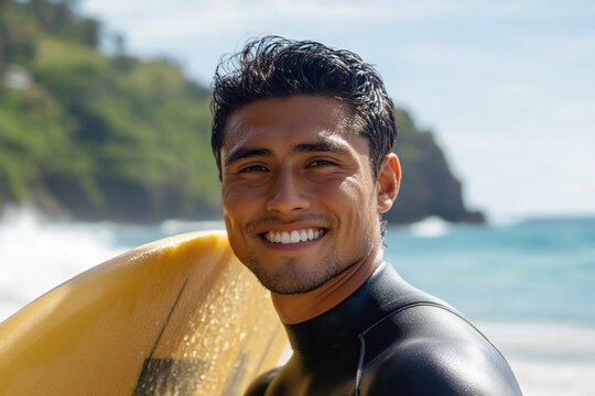 Surfer in wetsuit smiling while holding surfboard by ocean beach on a sunny day. Energetic young man enjoys coastal outdoors and active lifestyle.