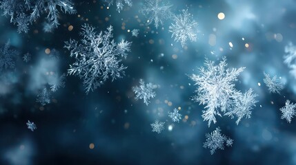Close up macro view of delicate intricate snowflakes falling gently in a soft blue winter wonderland atmosphere