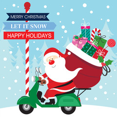 Christmas card with santa, gifts bag and scooter