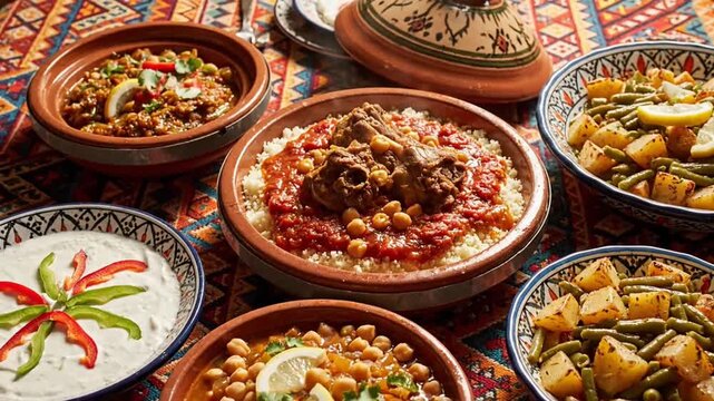 A Festive Spread of Traditional Moroccan Dishes for a Feast